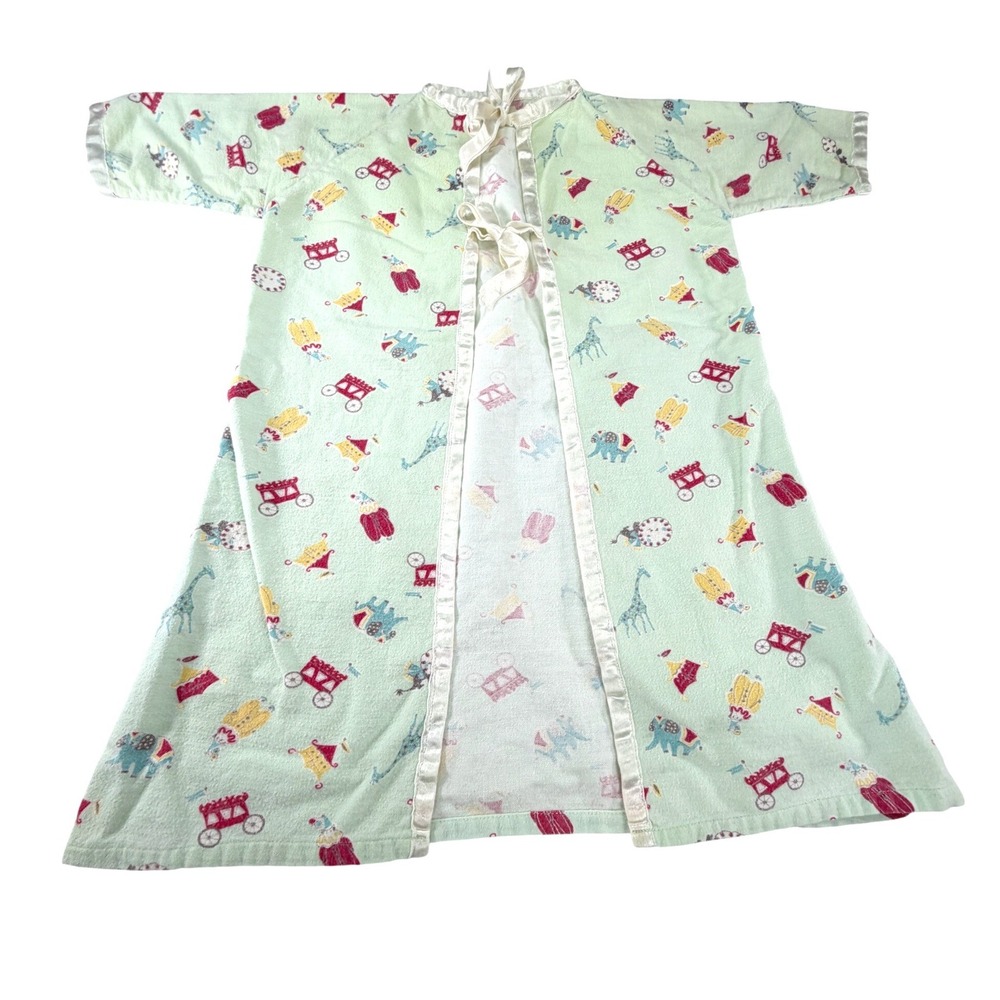 Vintage Mint Green Est. 6-9mths Circus Print Baby Layette Satin TieTrim Elephant